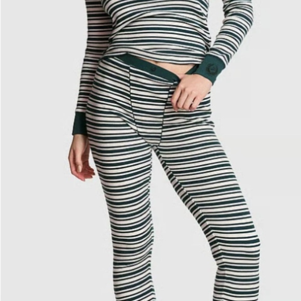 Victoria's Secret Green and White Striped Thermal Pajama Set NWT sz XS